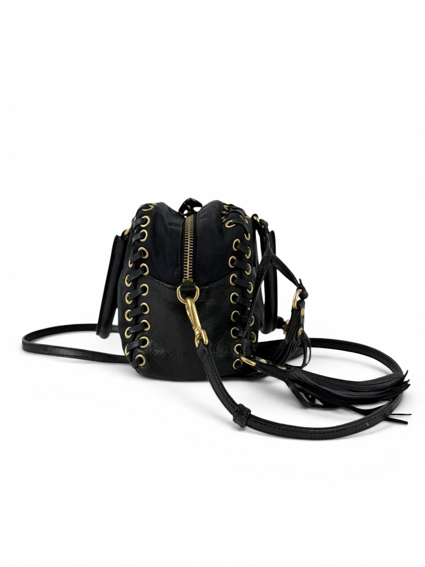 2000s RARE Prada Nylon Grommet Stitch 2Way Handbag | O/S, Black