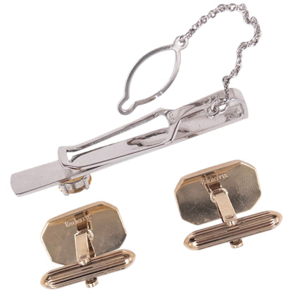 Vintage 90s Burberry Embossed Cufflinks & Gem Tie Clip Set | O/S, Gold