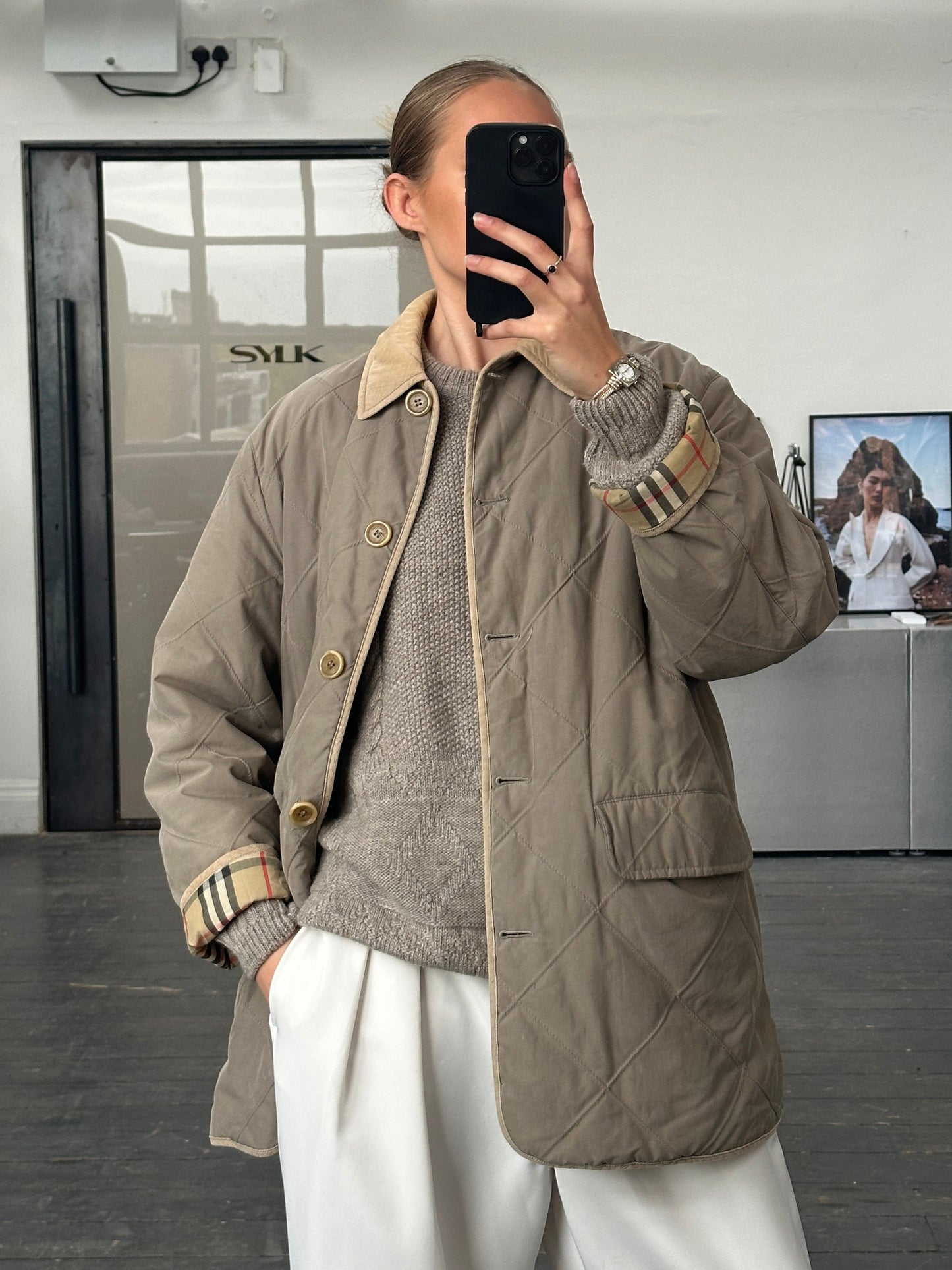 Burberry 1990s Quilted Nova Check Cord Collar Jacket – L