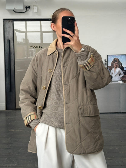 Burberry 1990s Quilted Nova Check Cord Collar Jacket – L