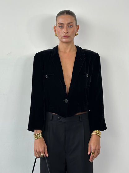 Giorgio Armani 1980s Black Label Velvet Cropped Blazer - S