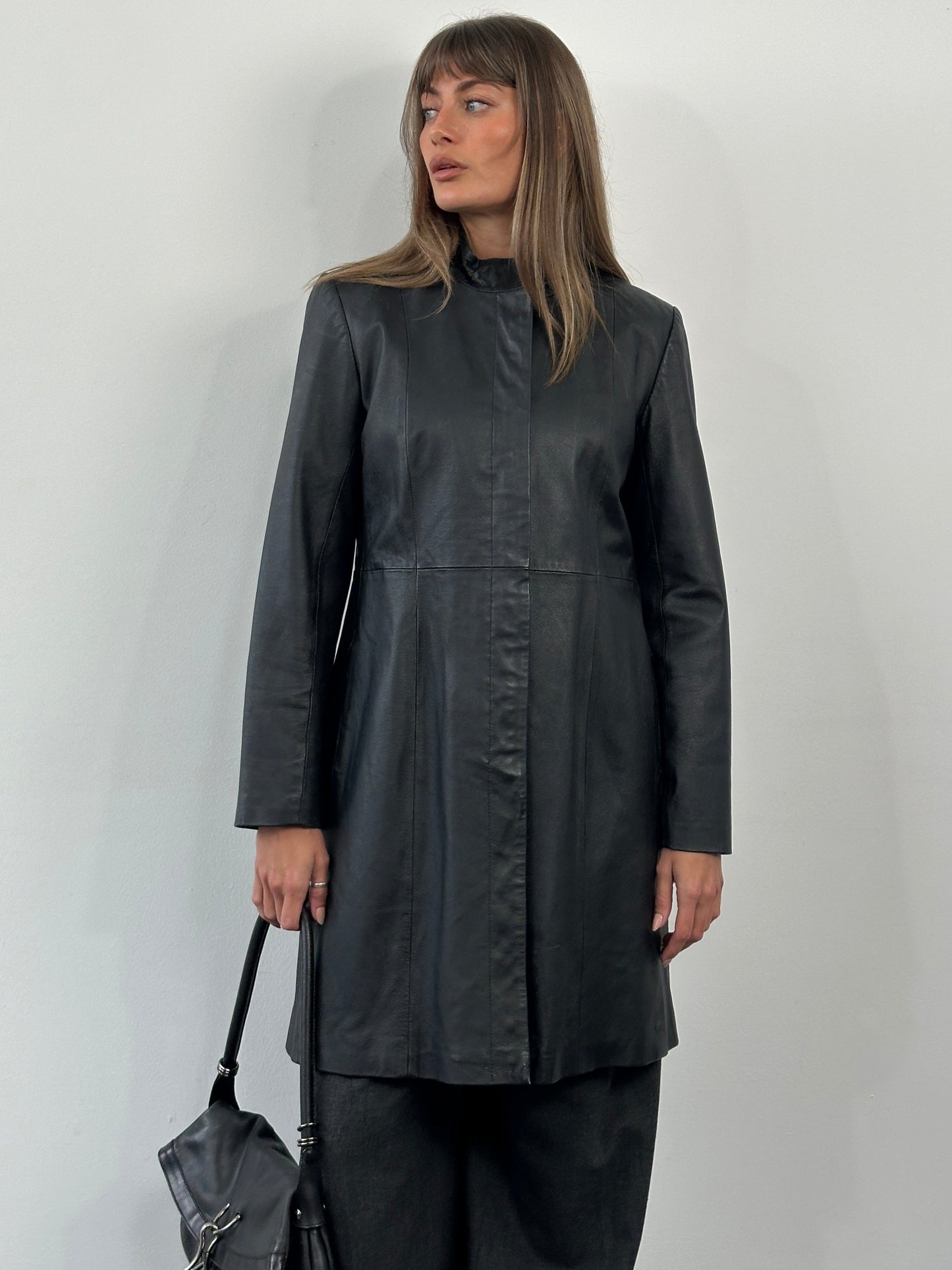 Vintage 1990s High Neck Leather Trench Coat - M