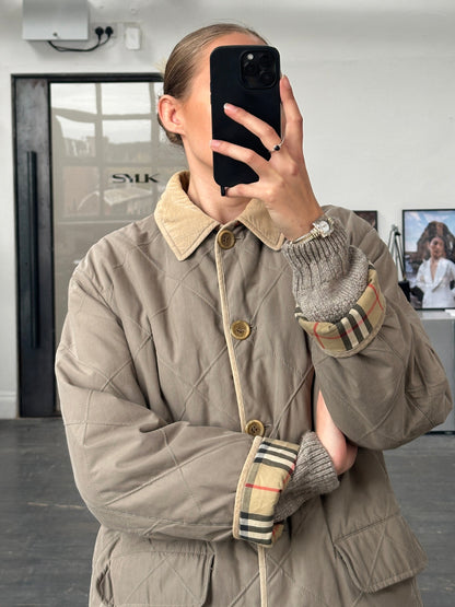 Burberry 1990s Quilted Nova Check Cord Collar Jacket – L