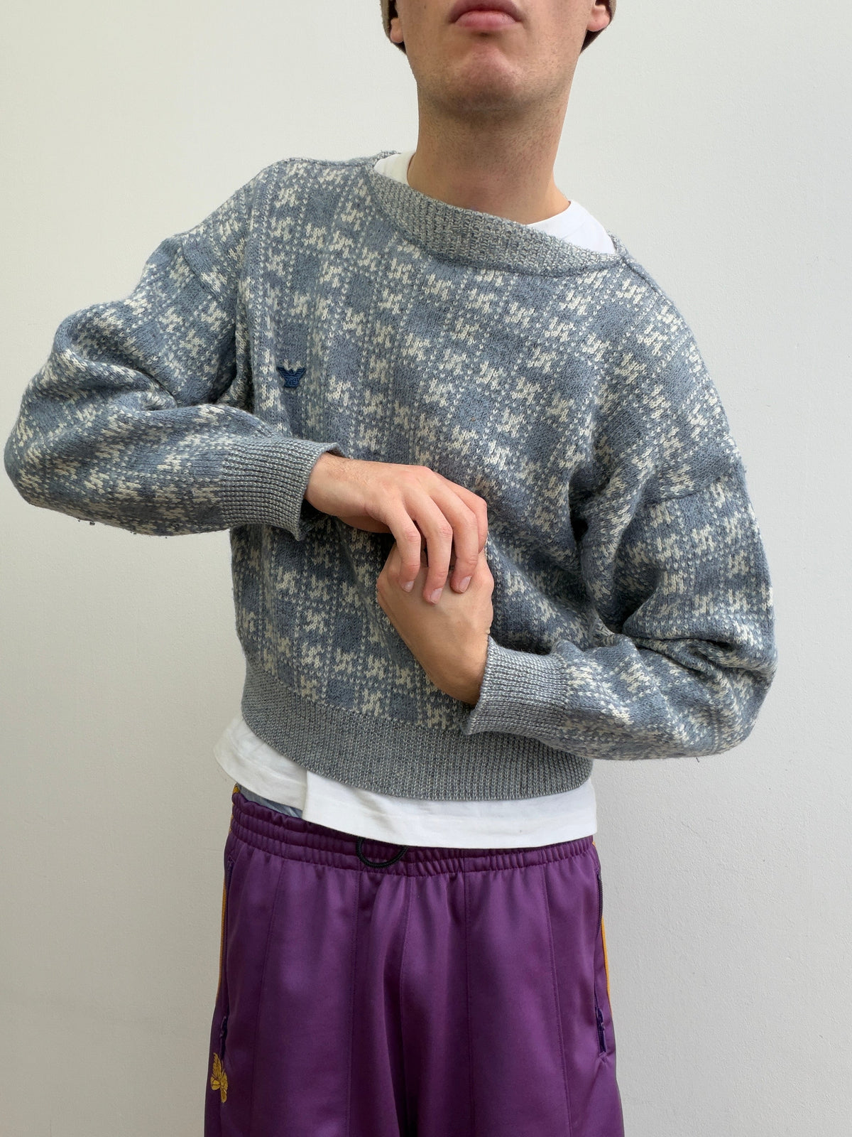 Emporio Armani 80s Grid Knit Jumper | Small, Light Blue