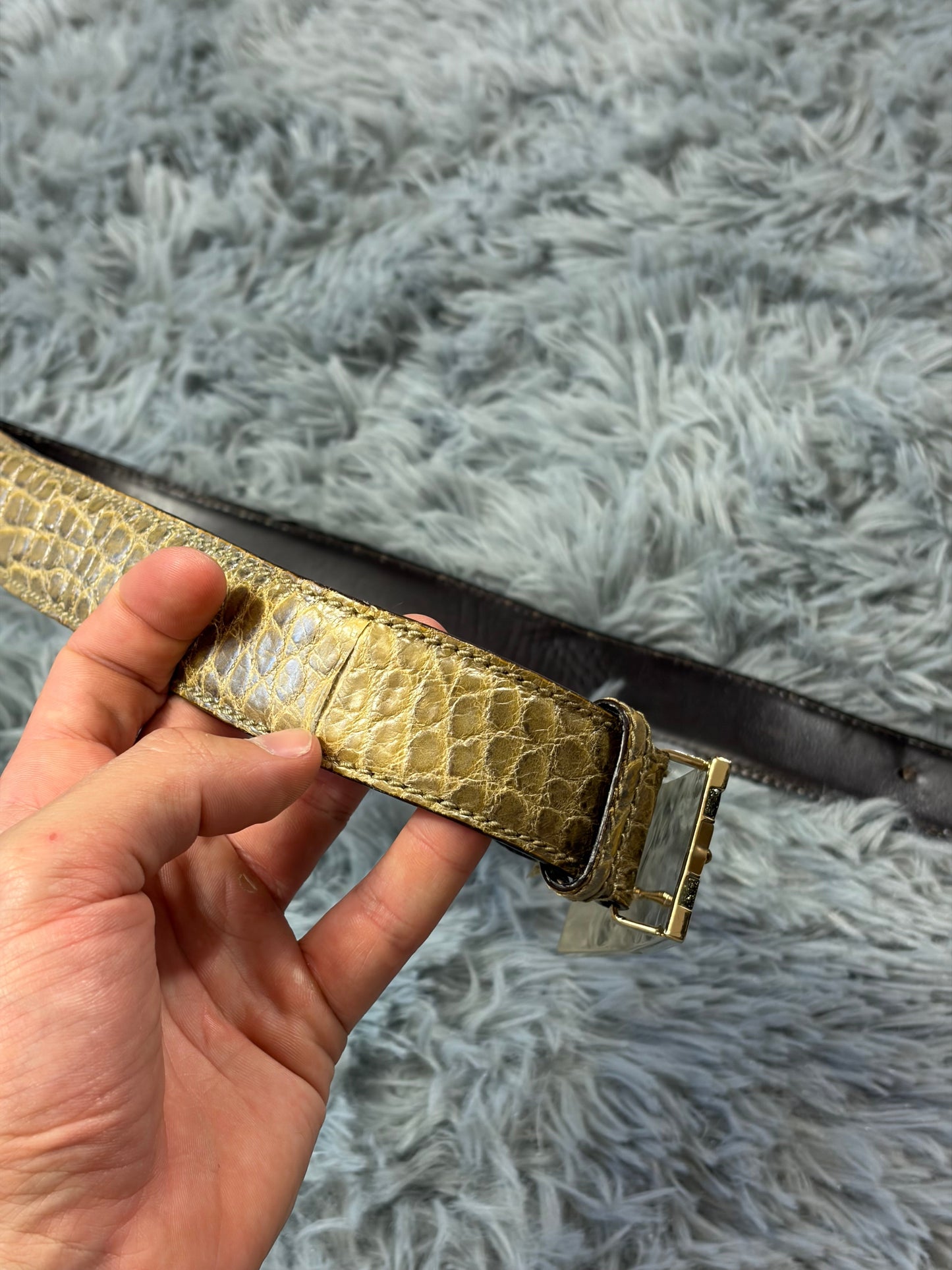 Gucci by Tom Ford 00’s Metallic Crocodile Leather Web Belt | O/S, Gold