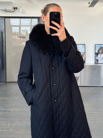 Vintage 1990s Wool Quilted Fur Collar Coat - M
