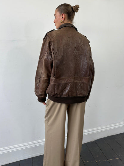 Vintage Distressed Leather Bomber Jacket - XL - Known Source