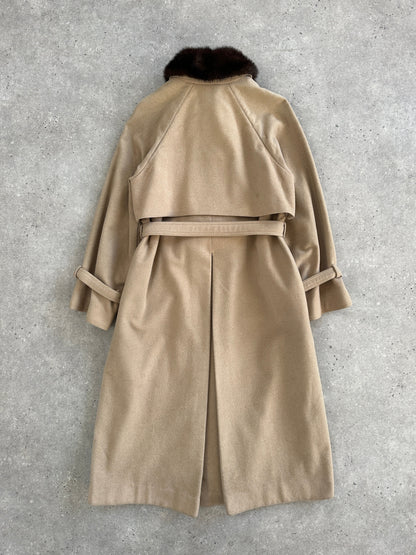 Vintage 1980s Wool Double Faced Fur Collar Belted Coat - S