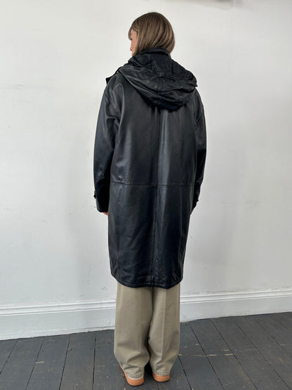 Italian Vintage Leather Trench Coat With Removable Hood- XL/XXL - Known Source