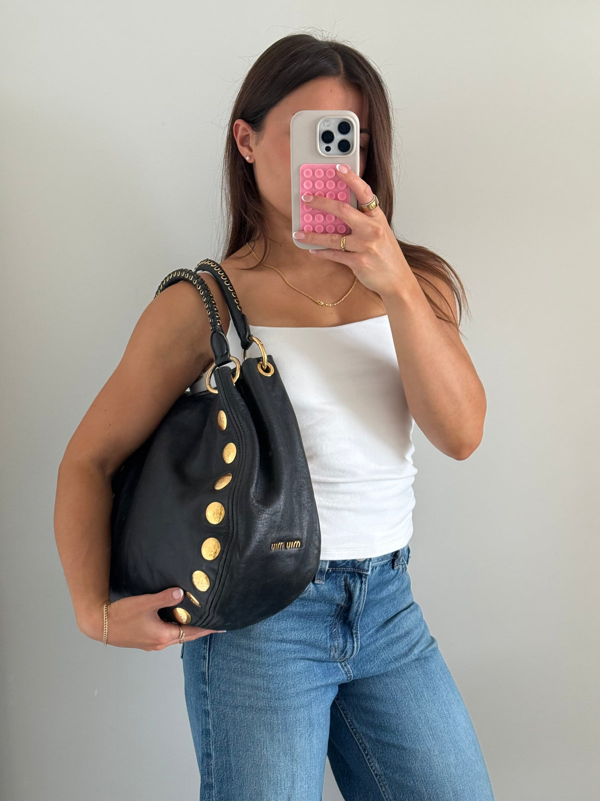 2010s Miu Miu Black Leather Studded Bucket Bag | O/S, Multicoloured