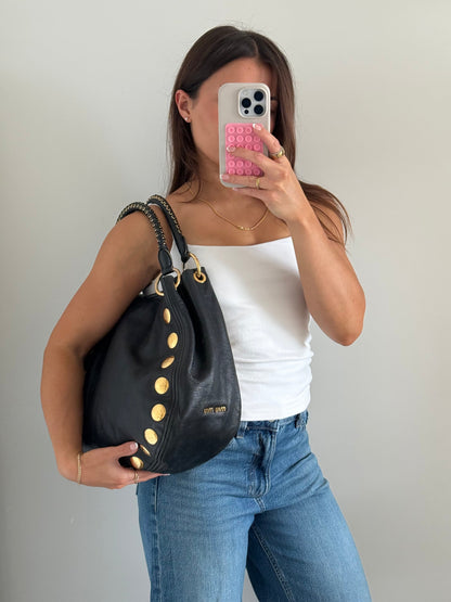 2010s Miu Miu Black Leather Studded Bucket Bag | O/S, Multicoloured