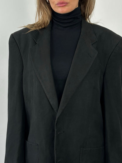 Christian Dior Monsieur 1980s single-breasted blazer in size L/XL, tailored fit, dark fabric, classic 1980s men's fashion style.