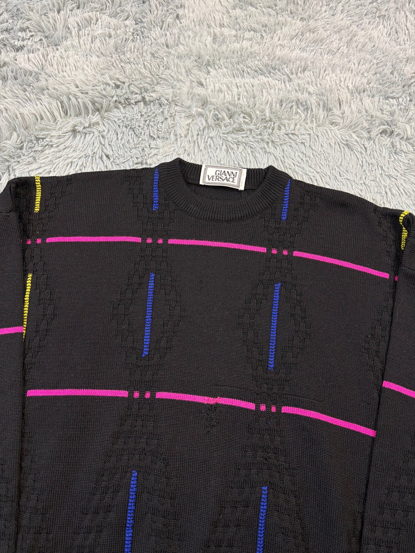 Gianni Versace 1991 Lines & Diamonds Geometric Heavy Knit - M/L | O/S, Multicoloured