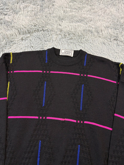 Gianni Versace 1991 Lines & Diamonds Geometric Heavy Knit - M/L | O/S, Multicoloured