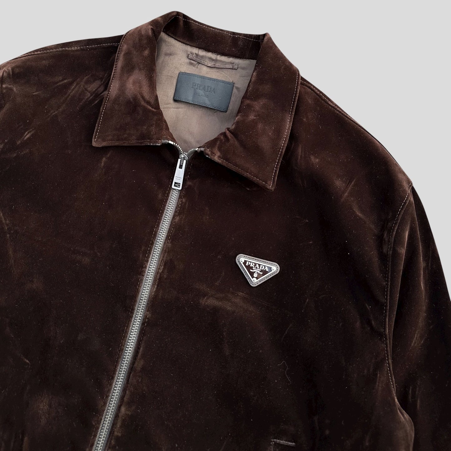 Prada 2024 Brown Velvet Velour Plaque Logo Boxy Jacket - M/L