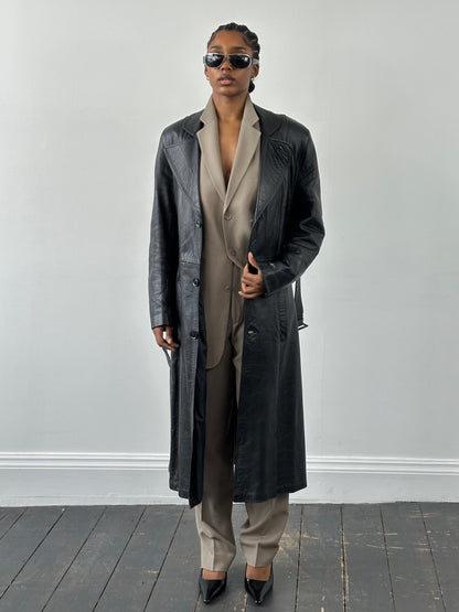 Vintage 1990s Leather Belted Trench Coat - S/M