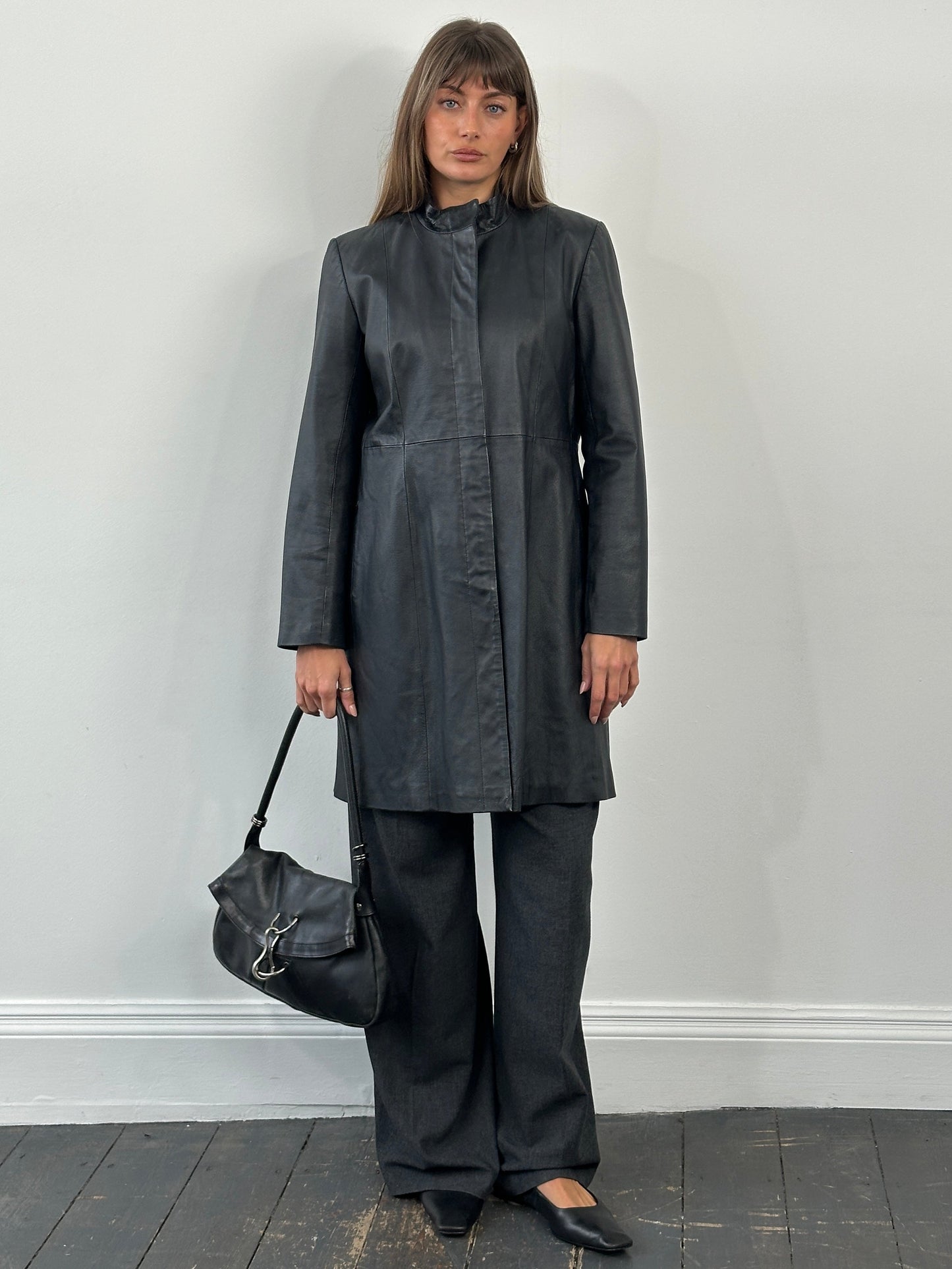 Vintage 1990s High Neck Leather Trench Coat - M