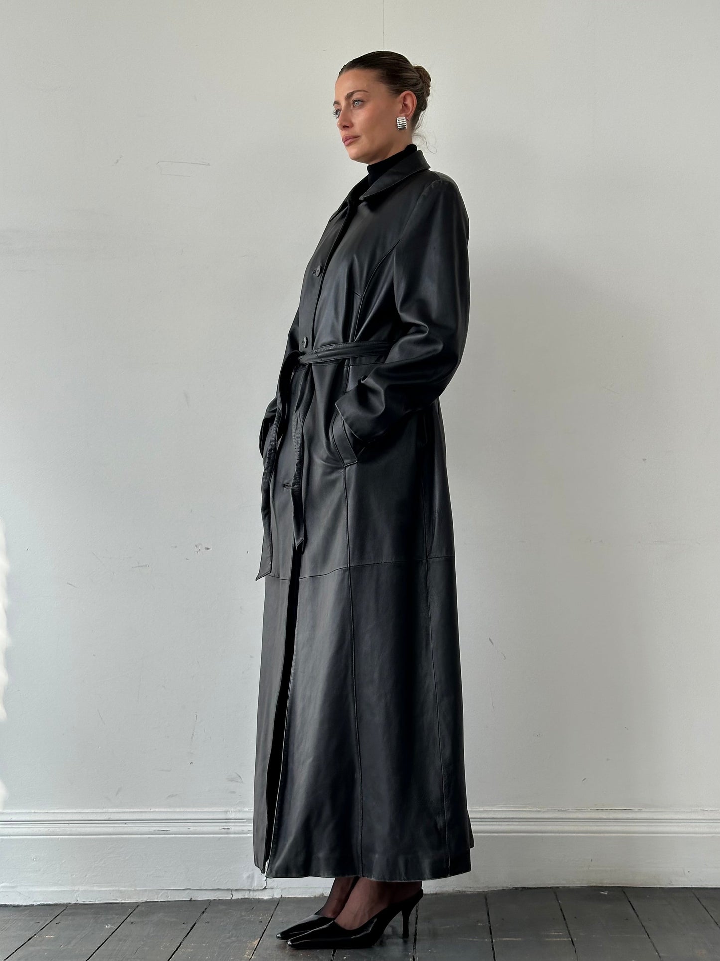 Vintage Floor Length Belted Leather Trench Coat - XL