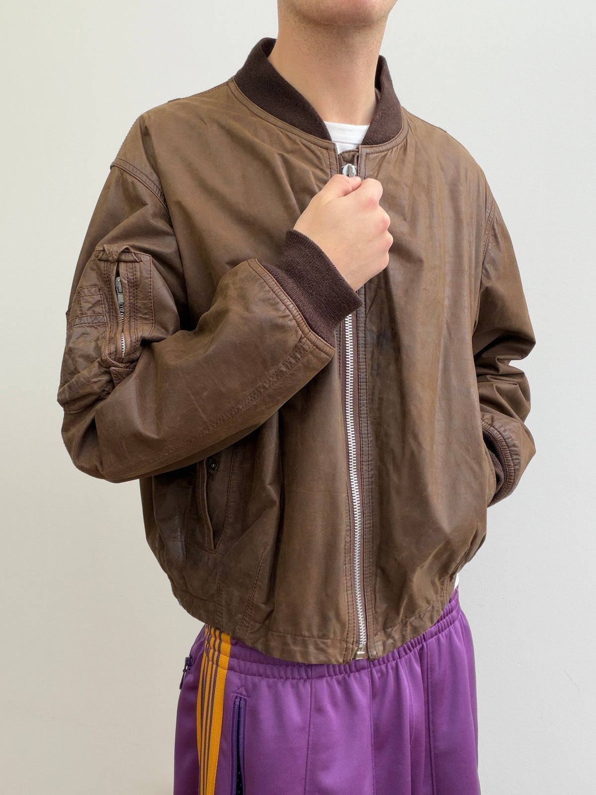Emporio Armani 90s Oiled Leather Bomber Jacket | Large, Red