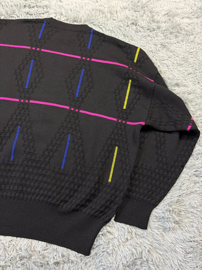 Gianni Versace 1991 Lines & Diamonds Geometric Heavy Knit - M/L | O/S, Multicoloured