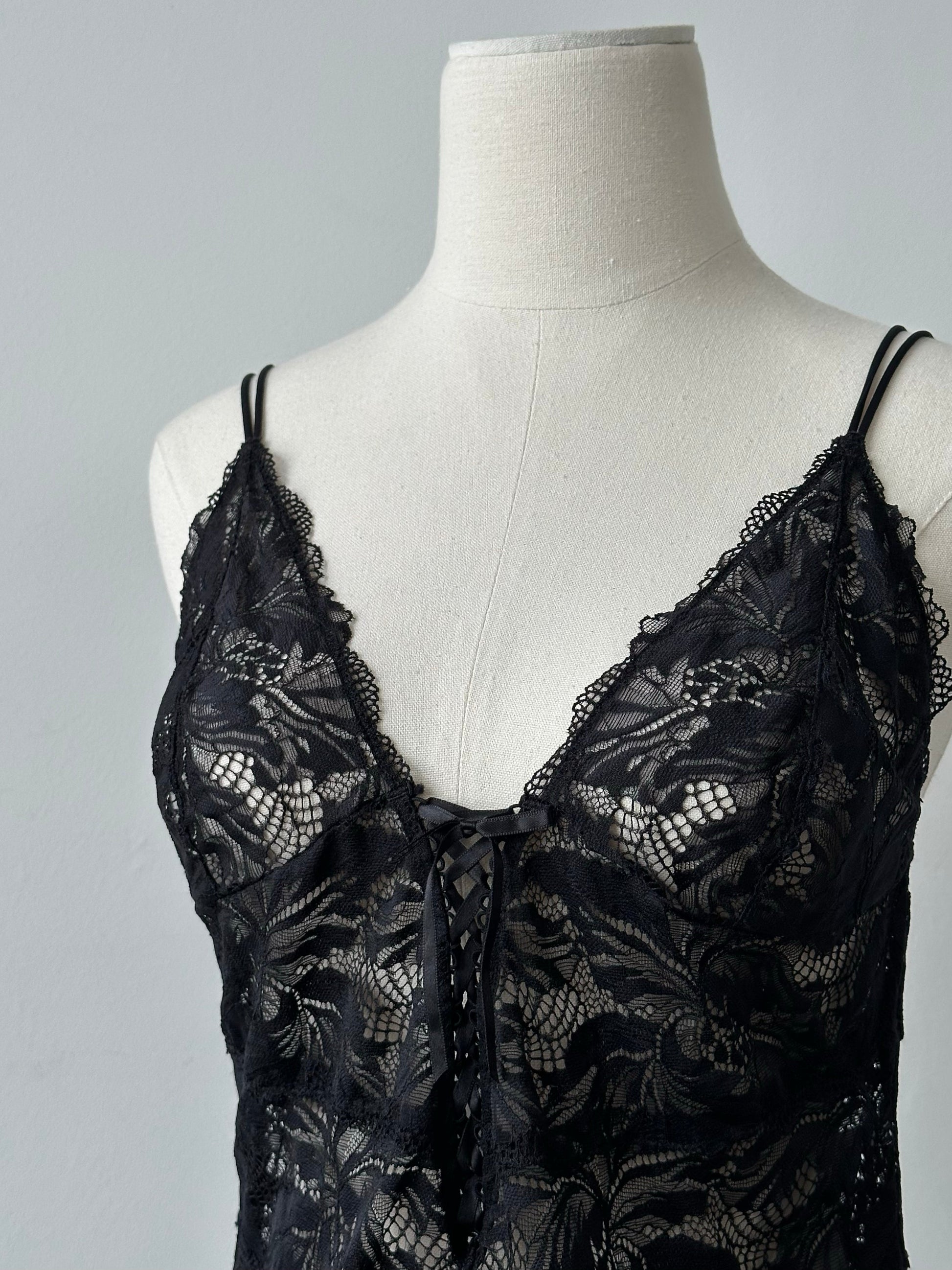 Vintage 1990s Sheer Lace Up Bodysuit - M