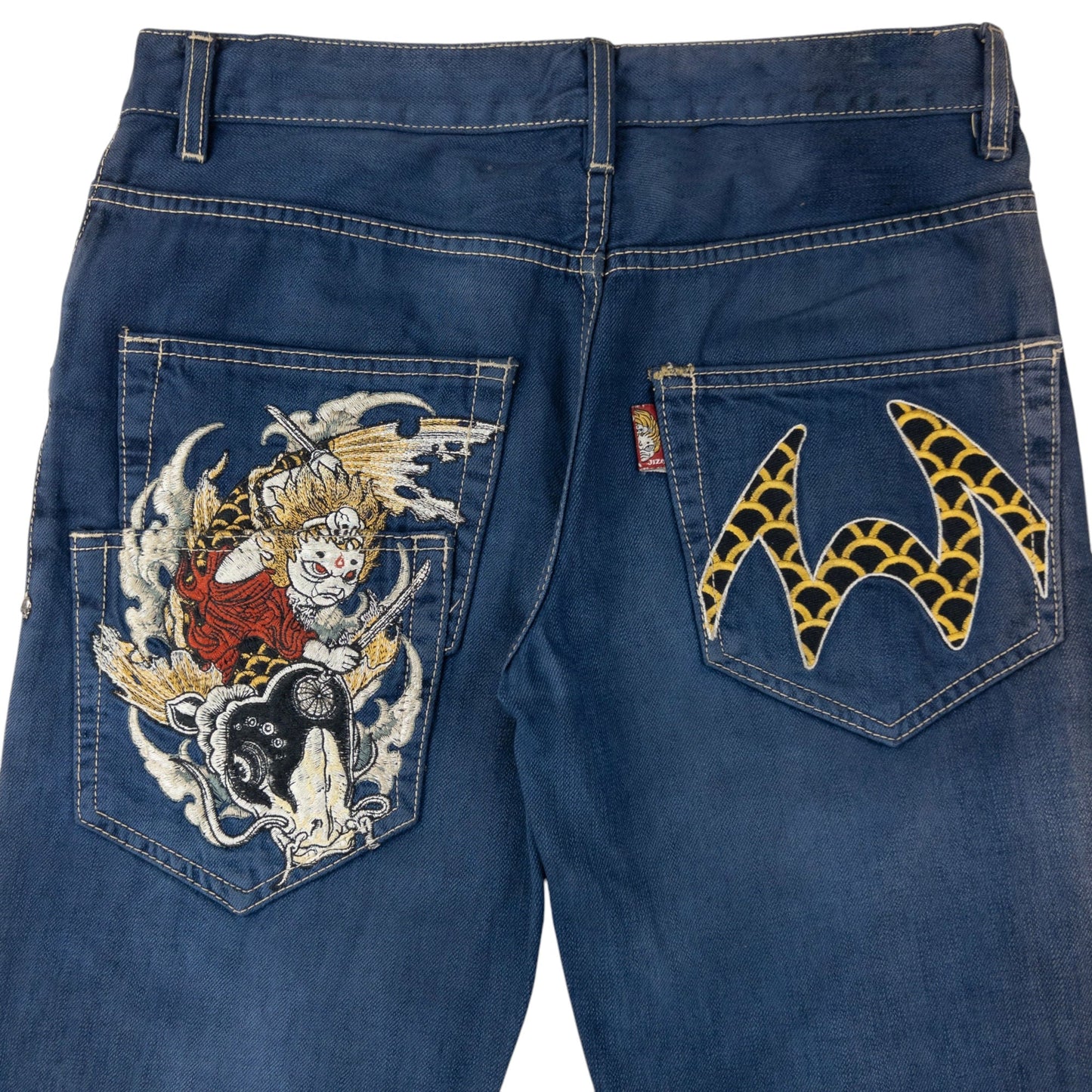 Vintage Jizo Bosatsu Embroidered Koi Fish Troll Japanese Denim Jeans Size W31