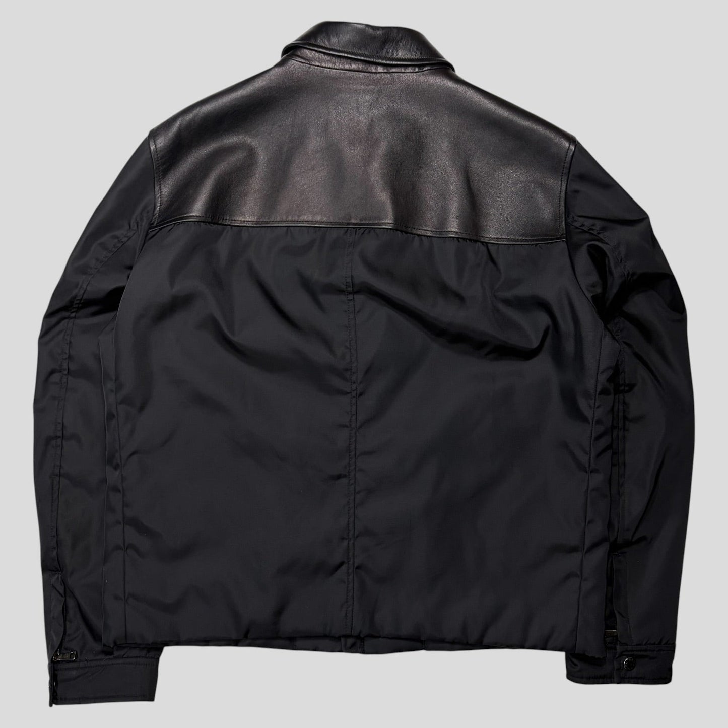 Prada 2013 Triangle Logo Gabardine Nylon & Leather Blouson Jacket - L/XL | O/S, Black