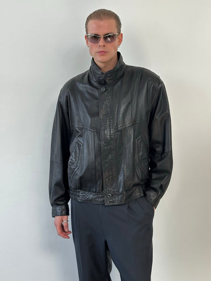 Vintage 1990s High Neck Leather Blouson Bomber Jacket - L