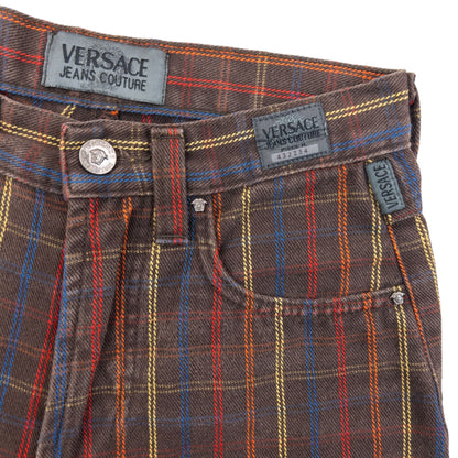 Vintage 90s Versace Jeans Couture Checkered Trousers Size W24 | W24, Brown