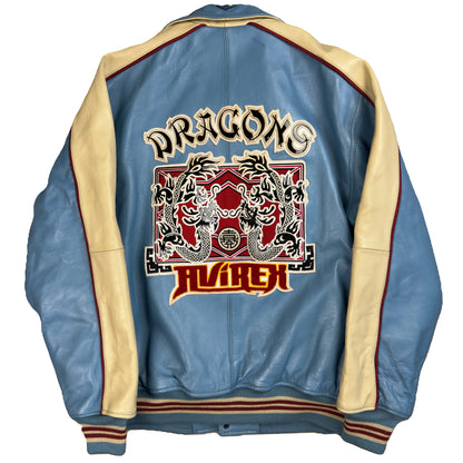 Avirex Dragons Leather Jacket In Blue & Beige (L) | Large, Beige