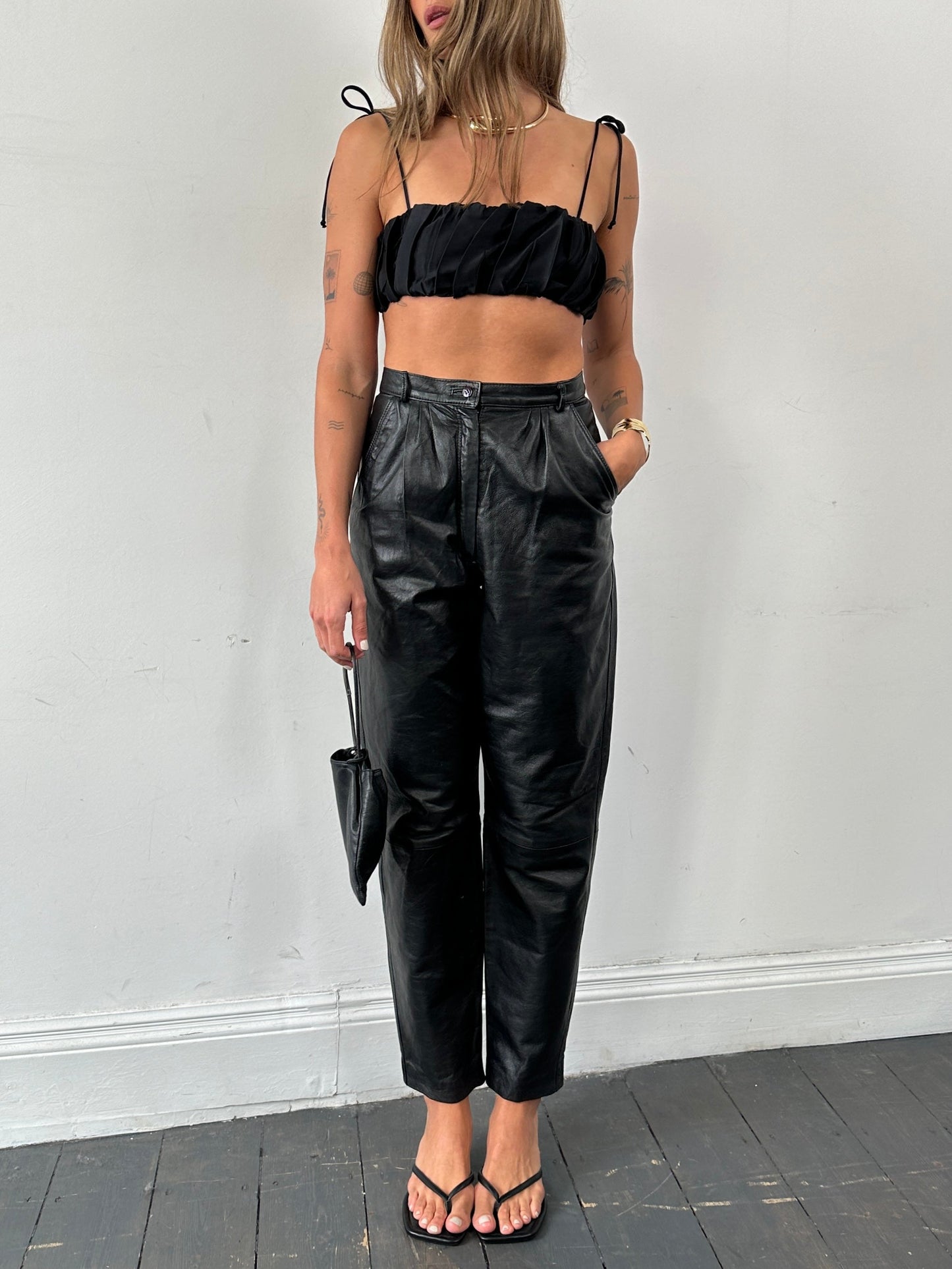 Italian Vintage High Waisted Tapered Leg Leather Trousers - W26