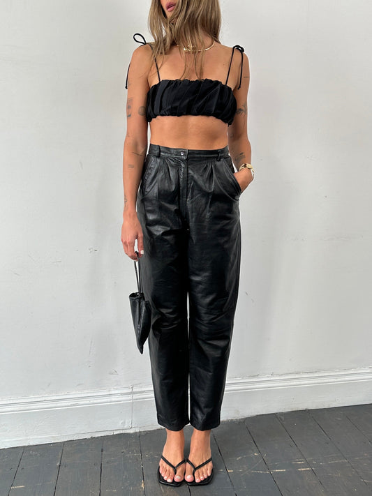 Italian Vintage High Waisted Tapered Leg Leather Trousers - W26