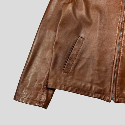 Prada Milano FW98 Whiskey Leather Nylon Lined Zip Work Jacket - IT50