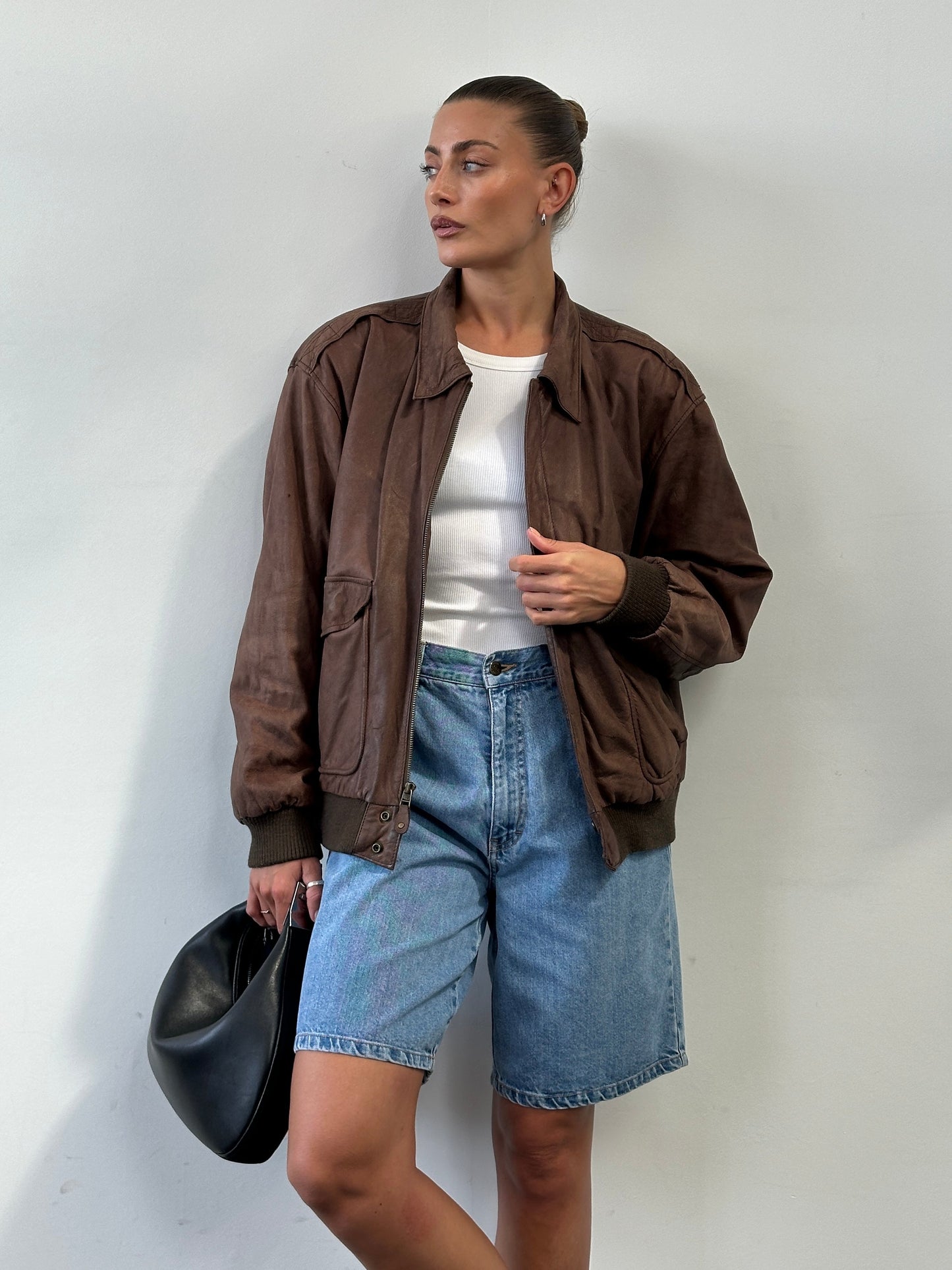 Vintage Leather Bomber Jacket - L/XL