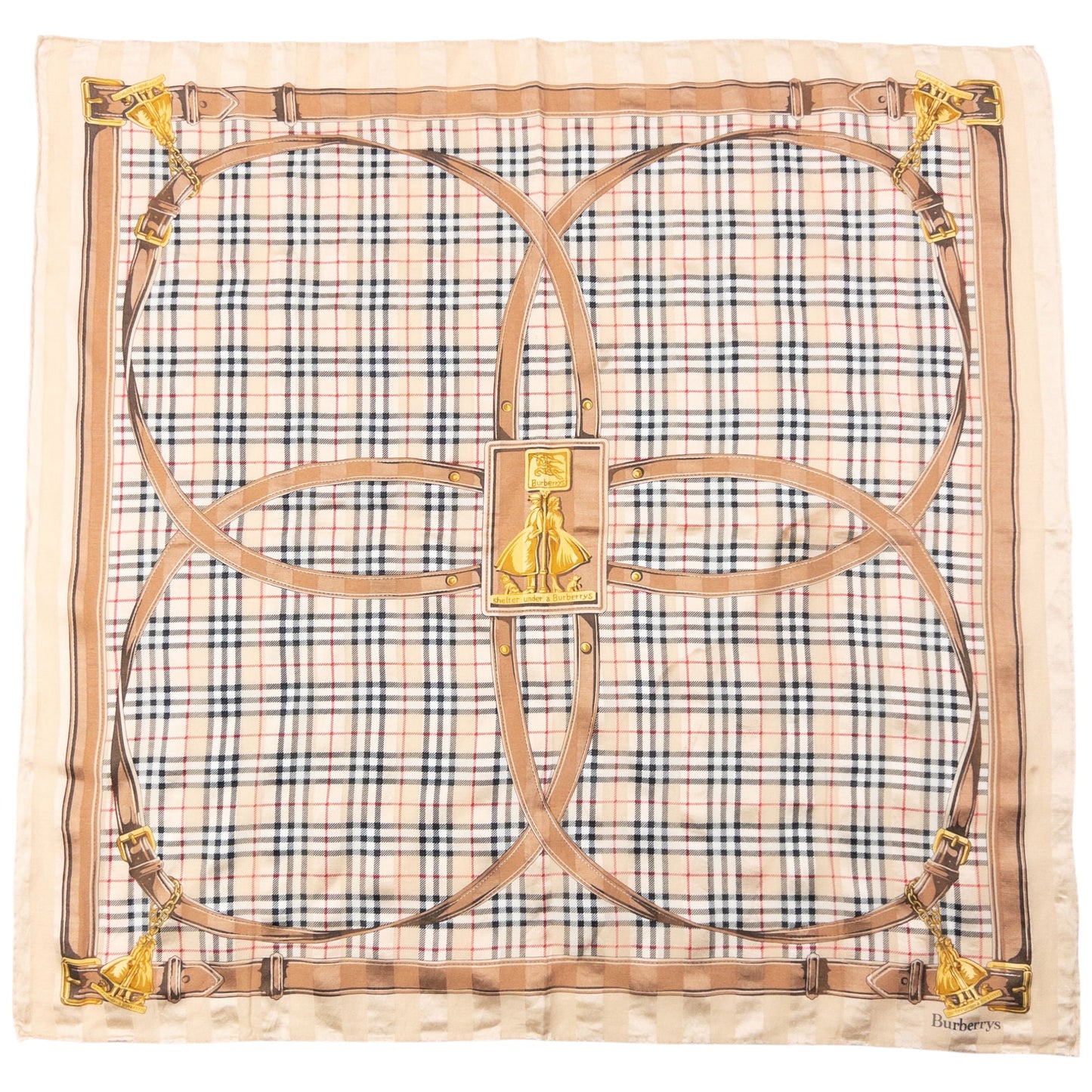 Vintage 90s Burberry Nova Check Buckle Print Silk Scarf | O/S, Beige