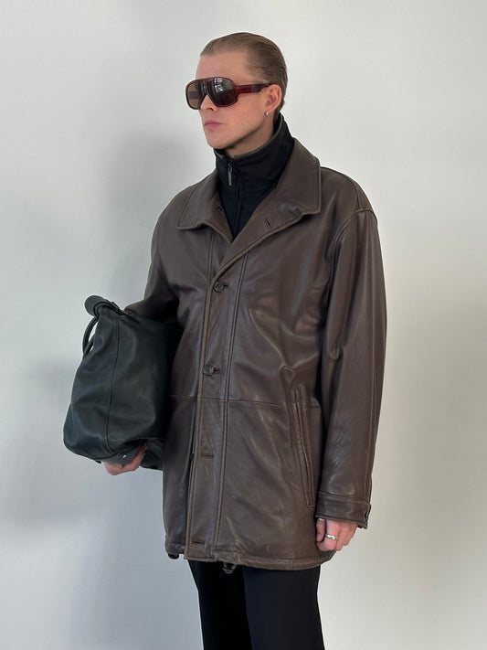 Vintage 1990s Leather Funnel Neck Jacket - XL