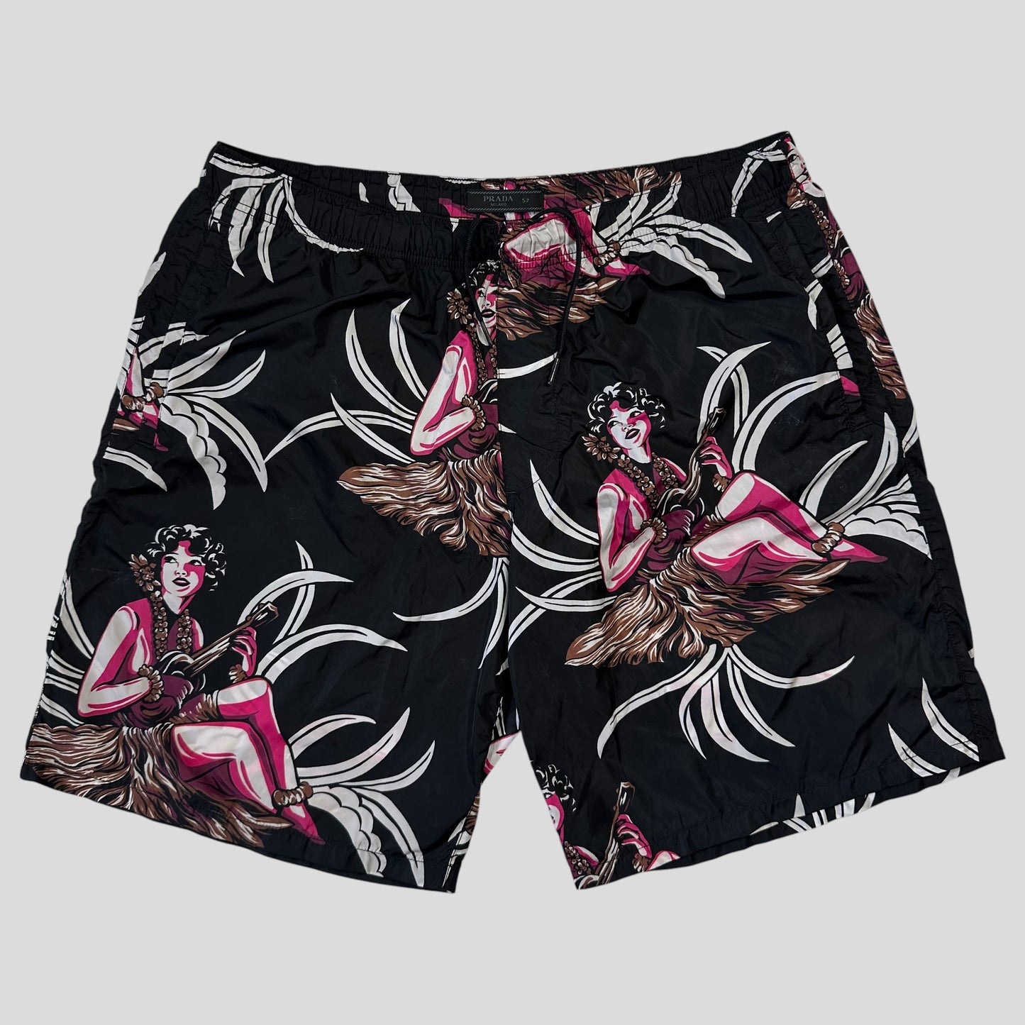 Prada Milano 2018 Hawaii Hula Girl Print Triangle Logo Board Shorts - IT52 | Default Title, Black