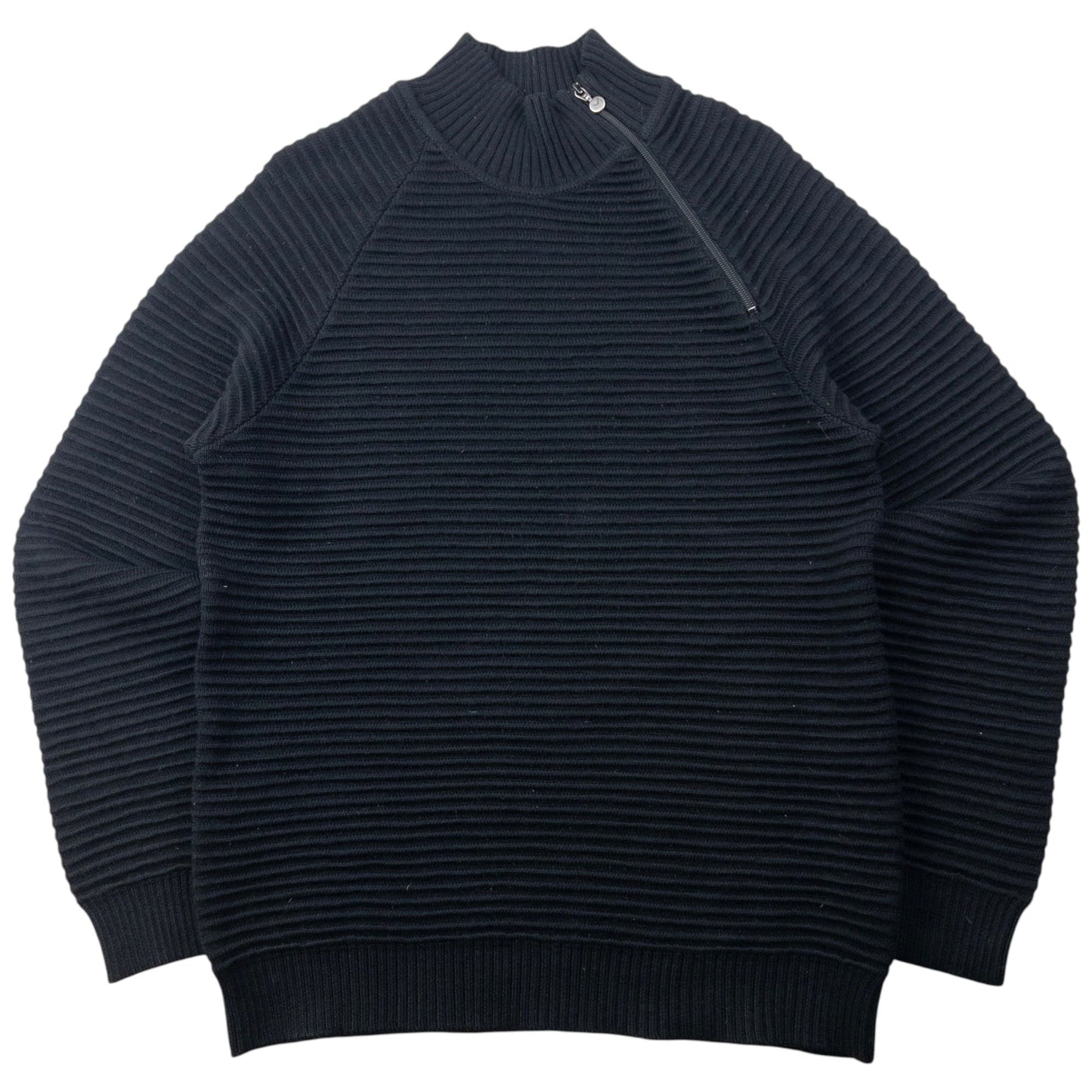 Vintage 2000s Armani Jeans Asymmetric Q Zip Ribbed Knit Jumper Size L | Large, Black