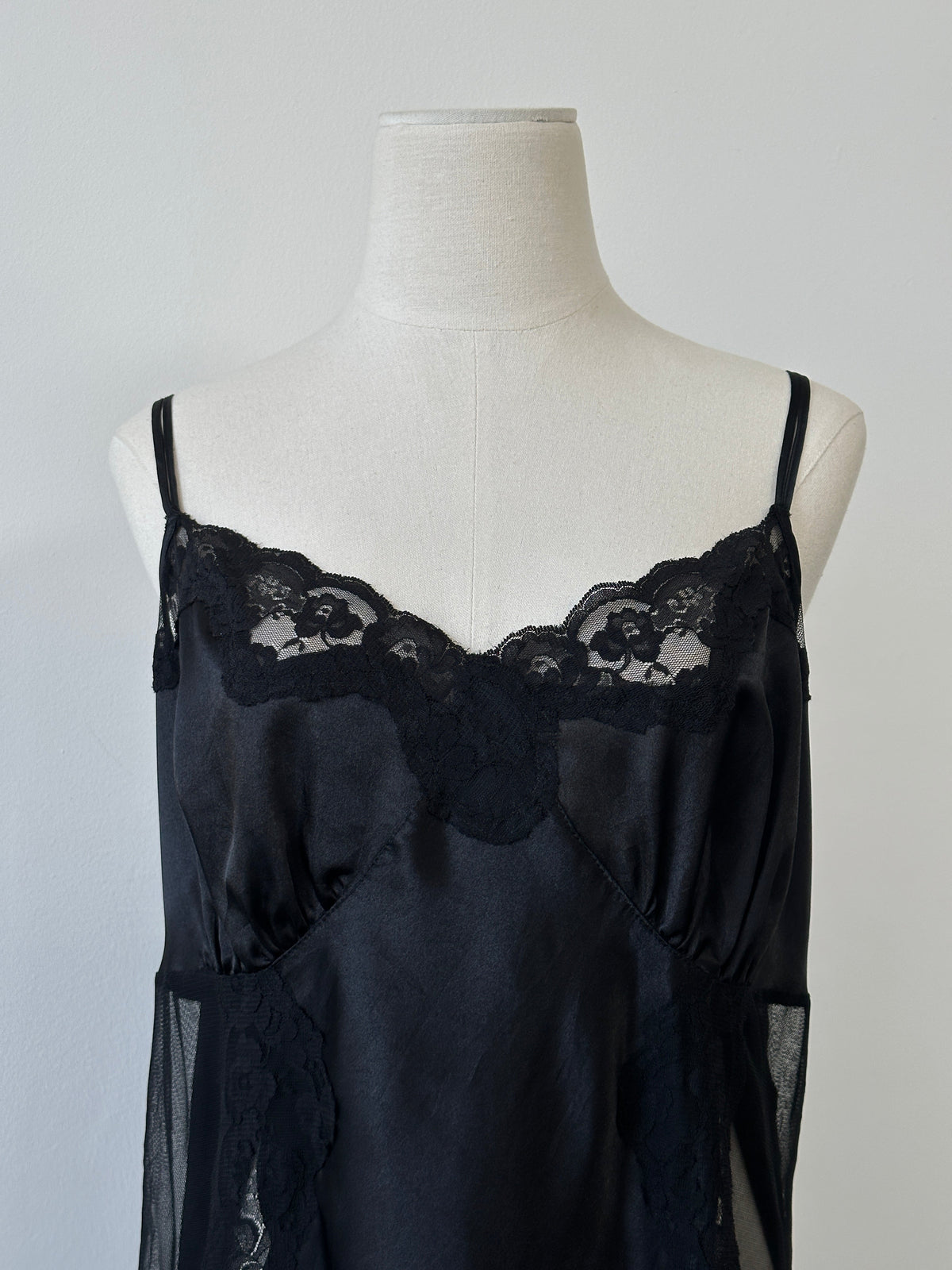 Vintage 1990s Satin Lace Sheer Mini Slip Dress - L