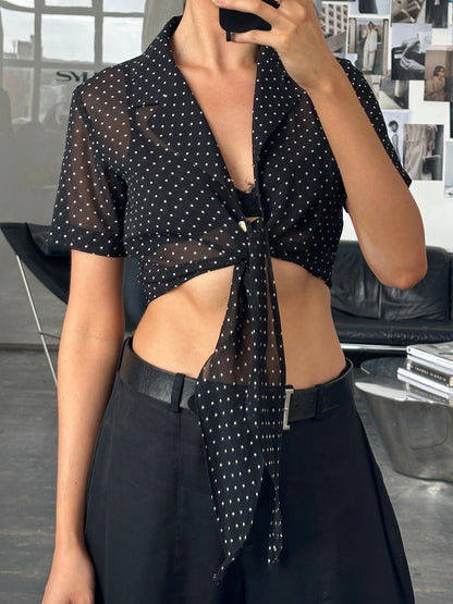 Italian Vintage 2000s Polkadot Sheer Tie Top - S