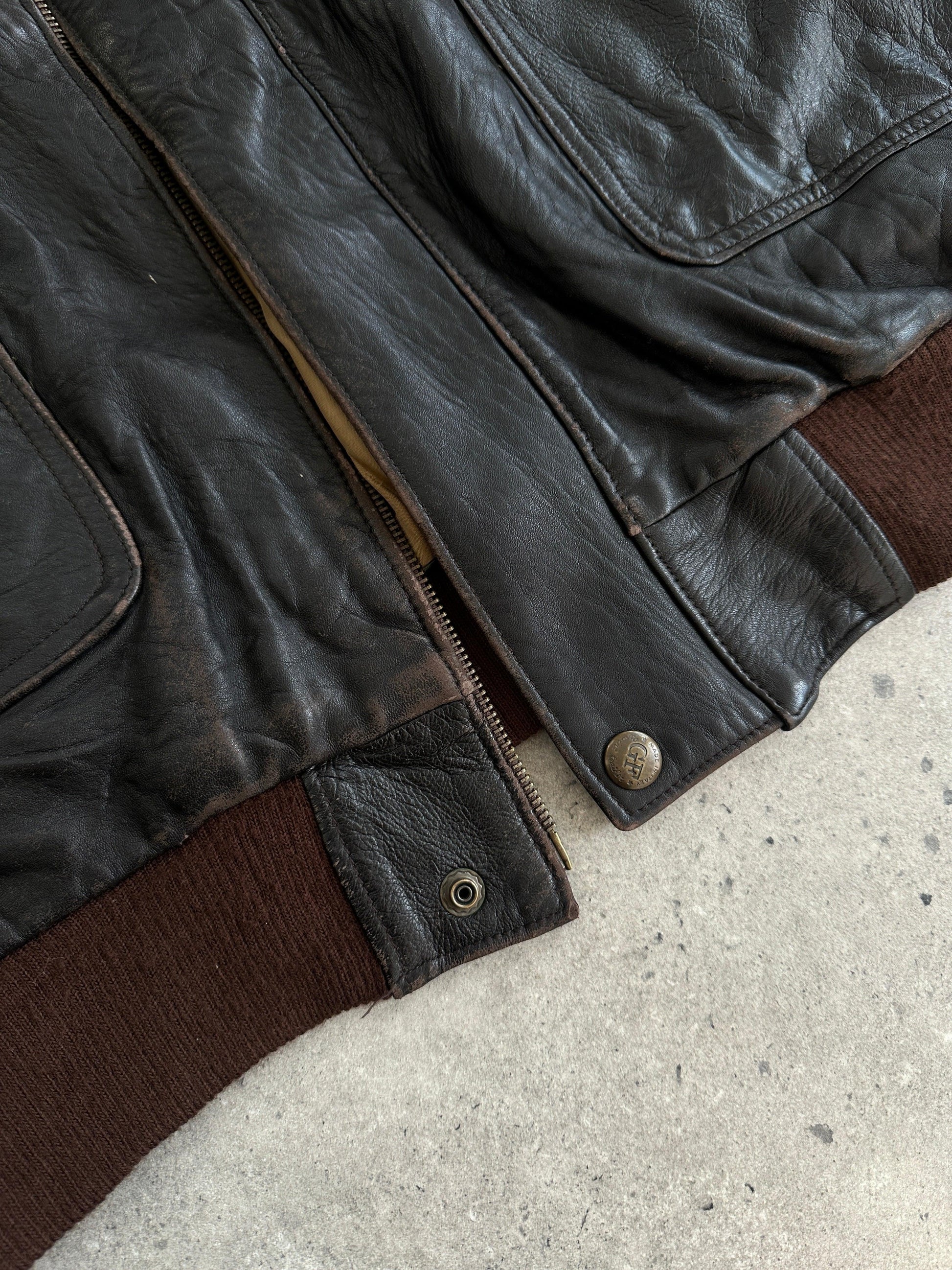 Italian Vintage Aged Leather Bomber Jacket - XL - Known Source