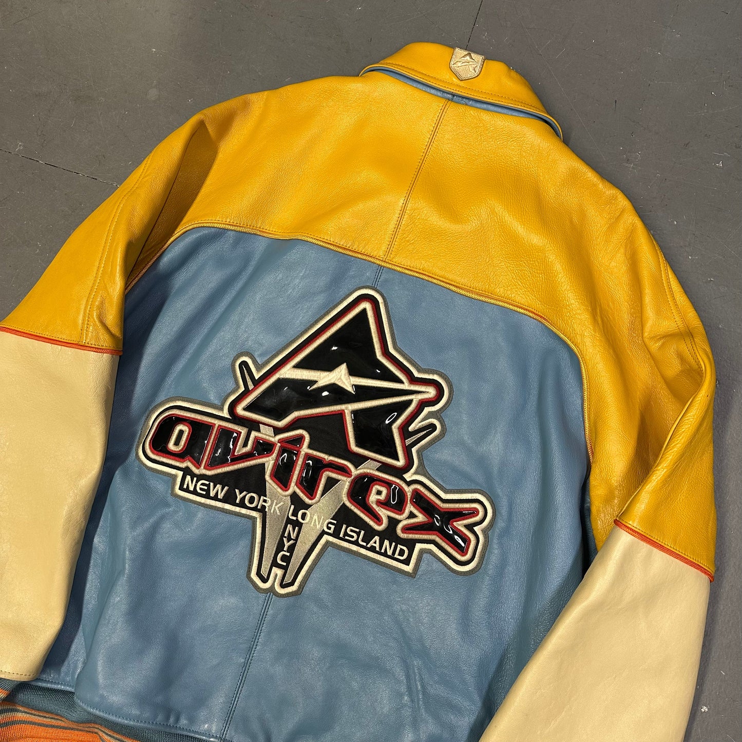 Avirex Leather Jacket In Blue, Beige & Yellow ( 3XL )