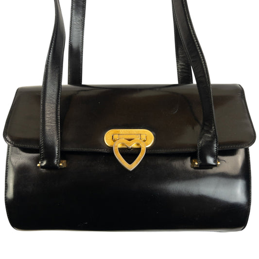 Vintage 2000s Moschino Heart Clasp Leather Shoulder Bag | O/S, Black