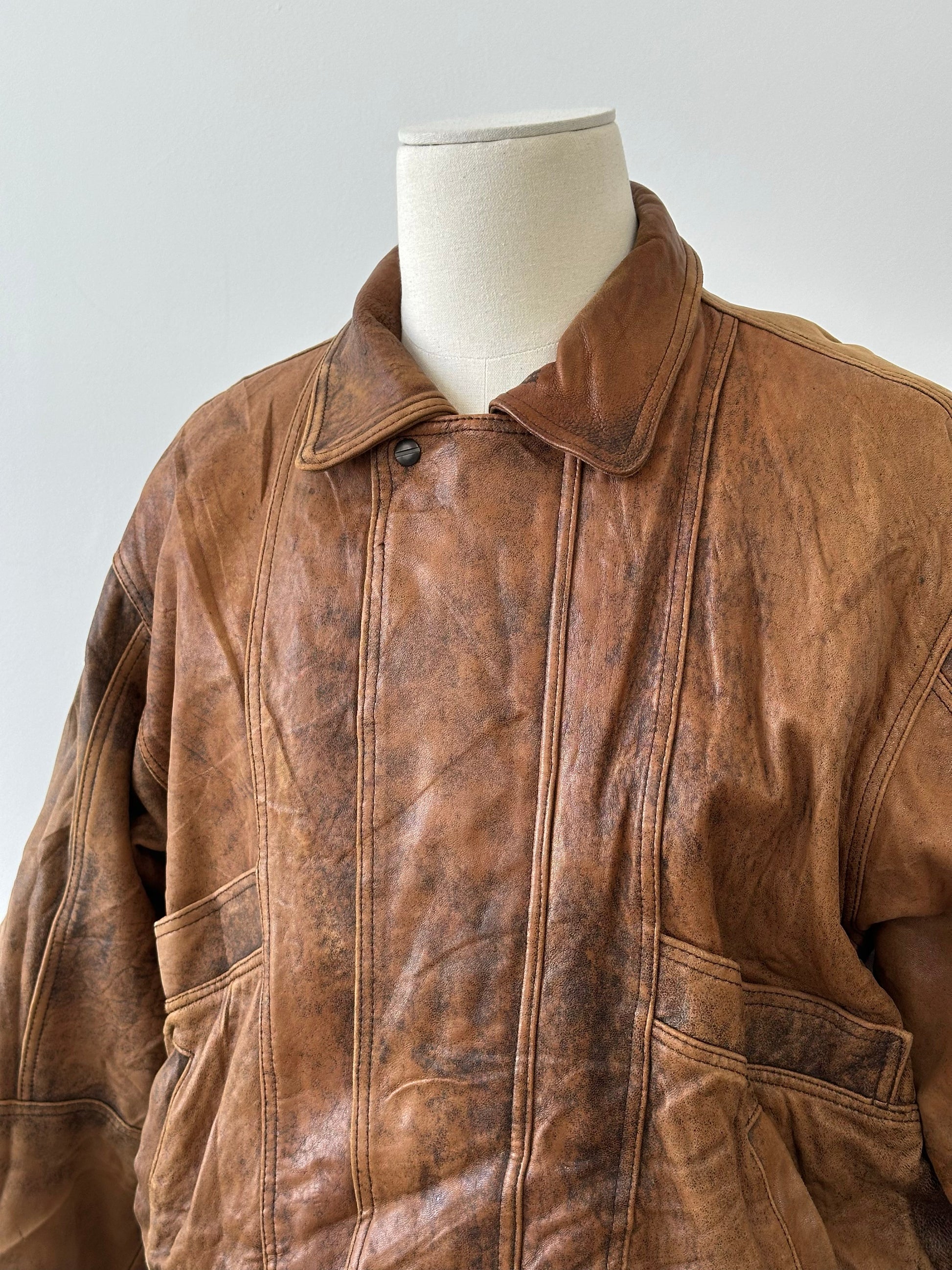 Vintage 1990s Aged Leather Bomber Jacket - XL