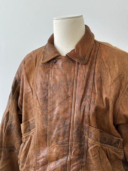 Vintage 1990s Aged Leather Bomber Jacket - XL