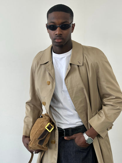 Burberry 1990s pure cotton high neck trench coat in beige, front view showing collar and classic trench design.