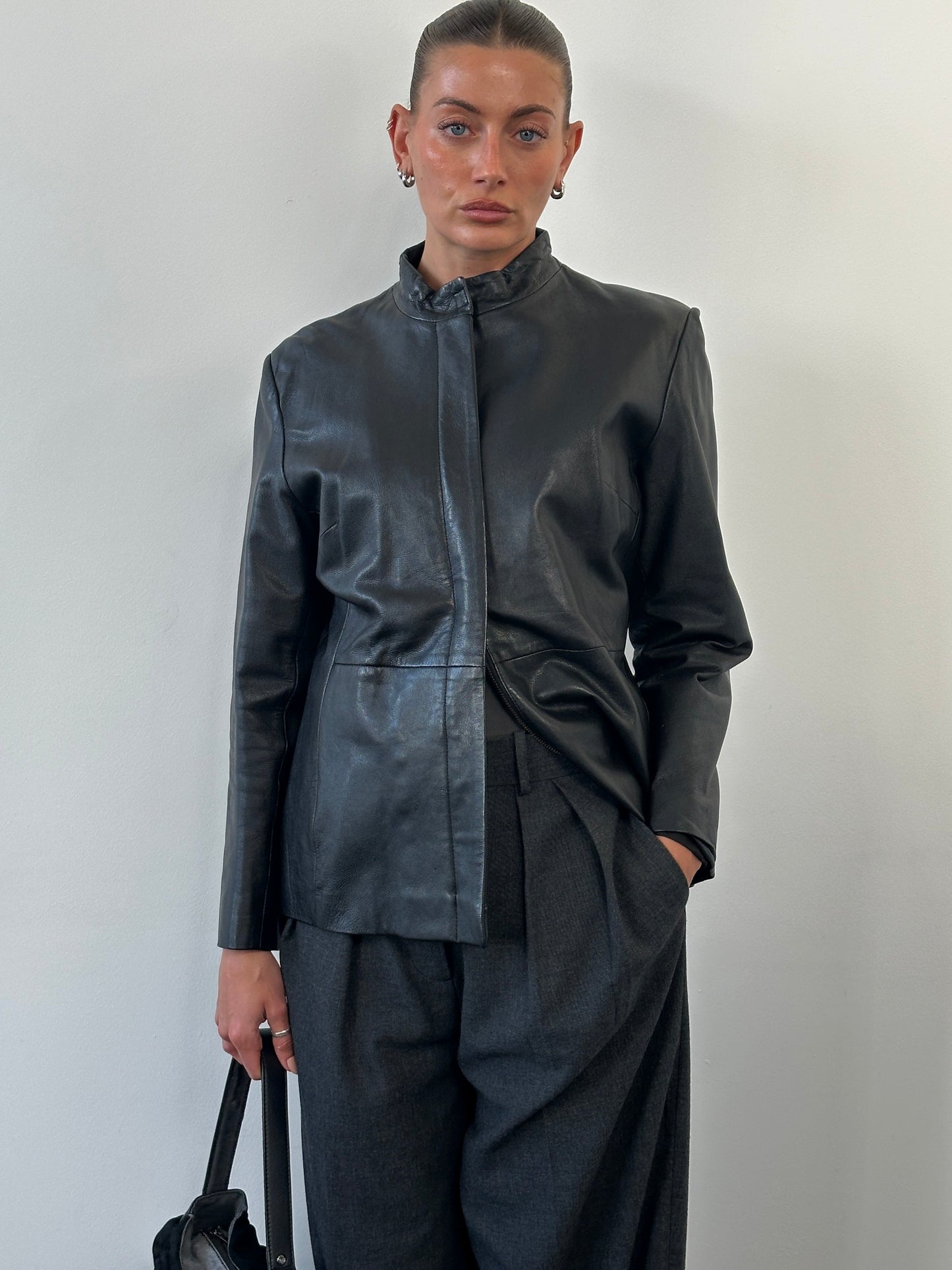 Vintage 1990s Minimal Round Neck Leather Jacket - M