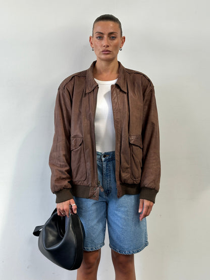 Vintage Leather Bomber Jacket - L/XL