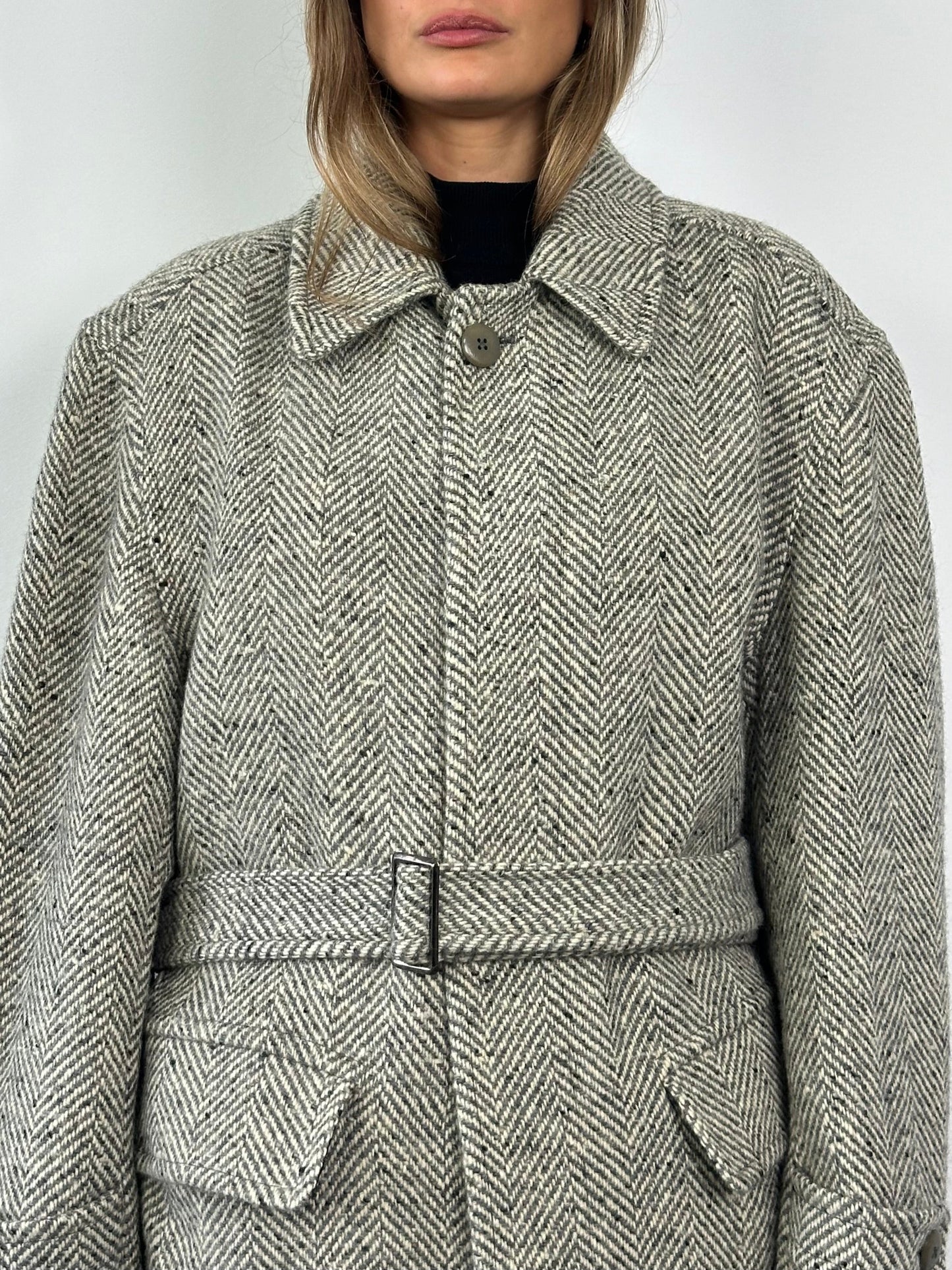 Valentino Pure Brushed Wool Herringbone Belted Coat - XL/XXL