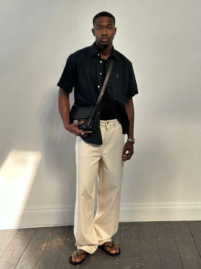 Armani Jeans 1990s pure cotton short sleeve shirt in white, featuring classic fit and casual style, displayed on a hanger.